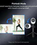 Piko Dual Camera 4K AI Webcam With AI Autofocus demonstrating portrait mode switch with external tripod option, ideal for creators.