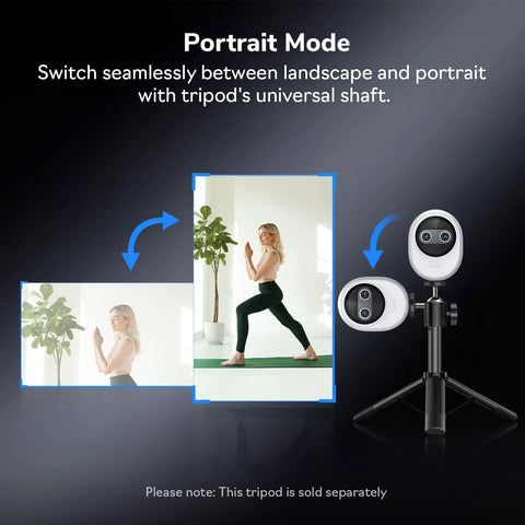 Piko Dual Camera 4K AI Webcam With AI Autofocus demonstrating portrait mode switch with external tripod option, ideal for creators.