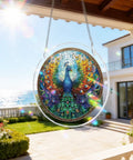 Acrylic Suncatcher Puzzle Kit With Double Sided Peacock Radiance UV Printed Sun Catcher hanging on a patio, 7.4 inches
