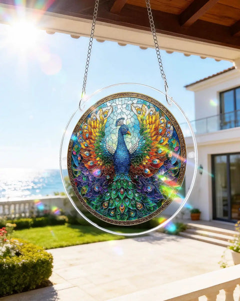 Acrylic Suncatcher Puzzle Kit With Double Sided Peacock Radiance UV Printed Sun Catcher hanging on a patio, 7.4 inches