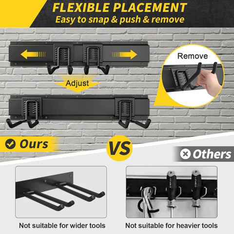 64 Inch Garage Storage Wall Mount Tool Organizer with 620Lb Load Capacity, easy hook removal and adjustment, comparison with other racks.