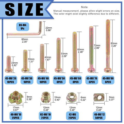 Product overview of 192Pcs M6 Hex Socket Head Cap Bolts Set with various lengths and nuts for cribs and cabinetry assembly.