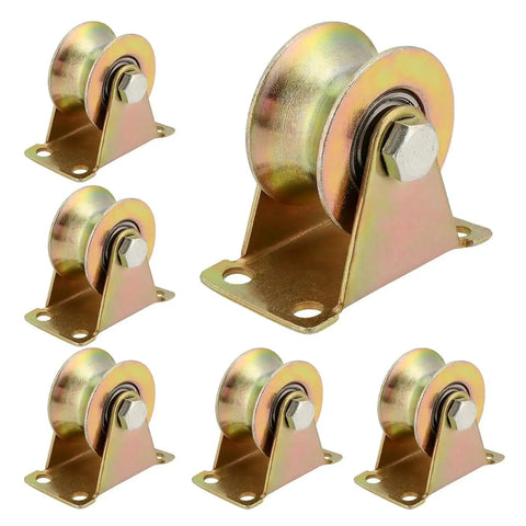 Six Piece Two Inch Steel U Groove Wheels With Brackets For Sliding Gate Rollers And Wire Rope Tracks Locked Tight For Big Load Handling That Runs Smooth As Silk Through Every Daily Grind Project on display.