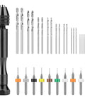 36 Piece Hand Drill Set With Pin Vise And 25 Micro Twist Drill Bits Plus 10 PCB Mini Bits For Jewelry Resin Polymer Clay Crafts DIY Projects A Handy Drill Kit For Precise Small Holes arranged neatly