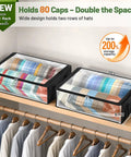 Thick Double Wide Hat Storage Boxes For Baseball Caps Hold Up To Eighty Snapbacks With Zippered Dust Covers on a shelf.