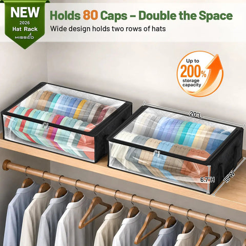 Thick Double Wide Hat Storage Boxes For Baseball Caps Hold Up To Eighty Snapbacks With Zippered Dust Covers on a shelf.