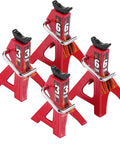 Four red metal RC car jack stands with black saddles and chrome bars; 3/6-ton capacity.
