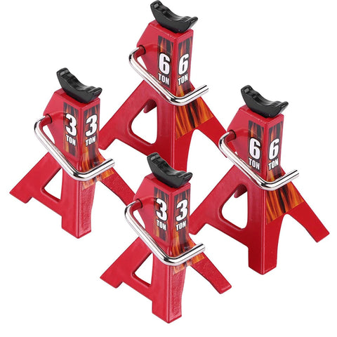 Four red metal RC car jack stands with black saddles and chrome bars; 3/6-ton capacity.