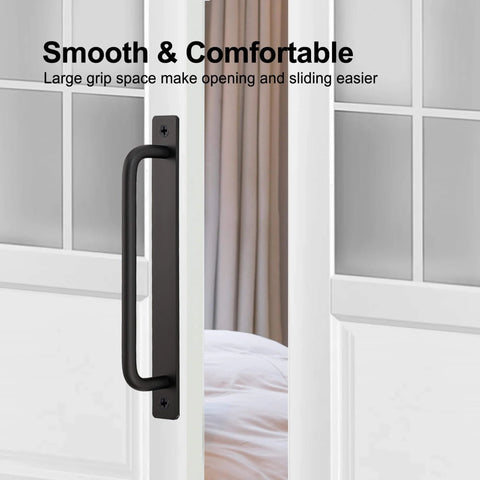 2 Pack Black Barn Door Handles With Plate For Sliding Closet Doors 7.5 Inch Hole Center 8.35 Inch Overall Length installed on door
