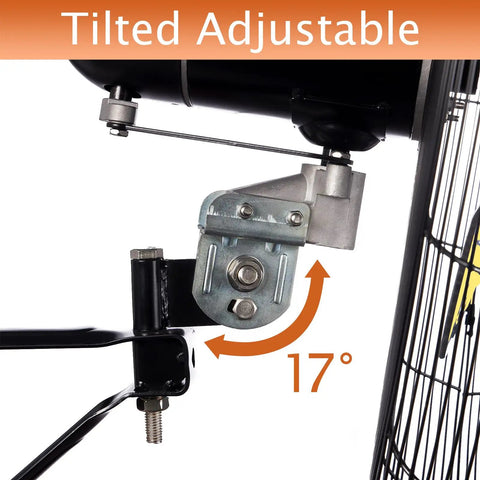 Tilted adjustable feature of Beefed-Up Industrial 24-Inch Oscillating Wall Fan With 8900 CFM High Velocity, 80-degree oscillation, 17-degree tilt