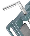 Close-up of Heavy Duty Drill Press Vise For Milling Machines, showing robust bench clamp with smooth guided jaw movement.