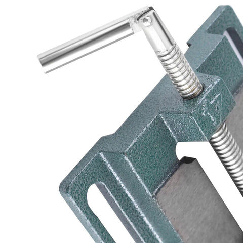 Close-up of Heavy Duty Drill Press Vise For Milling Machines, showing robust bench clamp with smooth guided jaw movement.
