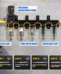 Diagram of One Quarter Inch NPT Five Stage Air Dryer with brass filter, dual desiccant, and semi-auto drain for air compressors
