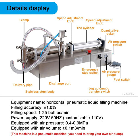 Heavy Duty Pneumatic Liquid Filler With Stainless Steel Construction Configures Single Or Dual Heads Hella Durable No Sweat Processing For Wineries And Beverage Lines 110 To 220 V Industrial Rig, detail view showing speed adjustment, discharge port, and stainless steel body.