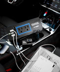 Smooth Moves 200W Car Power Inverter DC 12V to 110V AC, charging hub with dual US outlets in car center console.