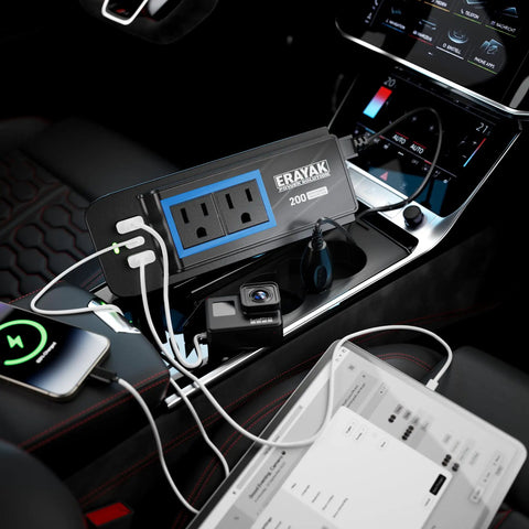 Smooth Moves 200W Car Power Inverter DC 12V to 110V AC, charging hub with dual US outlets in car center console.