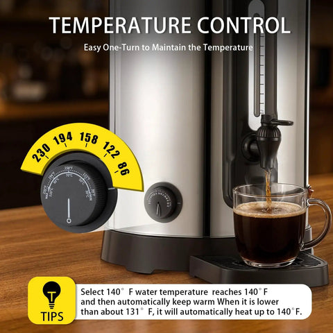 Close-up of 100 Cup Commercial Coffee Urn, 20L Double Wall Stainless Steel Coffee Maker With Adjustable Temperature Control And Keep Warm