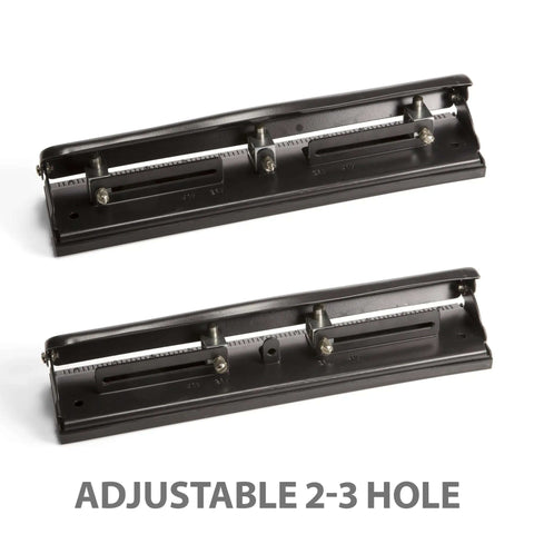 Adjustable Three Hole Punch For Office Documents With 11 Sheet Capacity Black Metal Punch Tool for home, school, and workplace use.