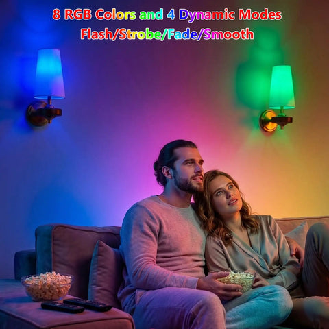 Couple enjoying Stepeak Vintage Gold Wireless Wall Sconces Battery Operated with vibrant colors in cozy living room.