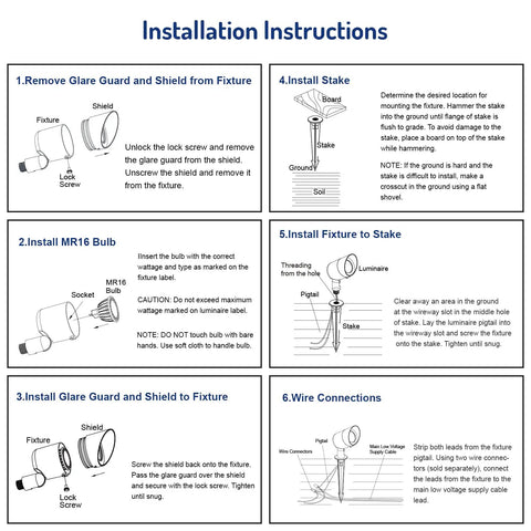 Installation instructions for 4W LED Landscape Lights 8 Pack Low Voltage Outdoor Lighting showing assembly steps.
