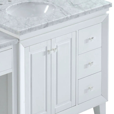 Top Shelf Carrara White Marble Bathroom Vanity With A Sleek Single Sink Setup And Rock Solid Wood Cabinet Featuring Brushed Nickel Knobs For That Go To 67 Inch Clean Slick Vibe close-up of countertop and cabinet