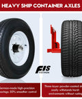 2-pack shipping container wheels kit; left: black tire on white steel wheel, right: tire on red steel axle.