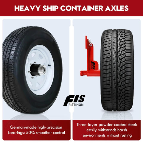 2-pack shipping container wheels kit; left: black tire on white steel wheel, right: tire on red steel axle.