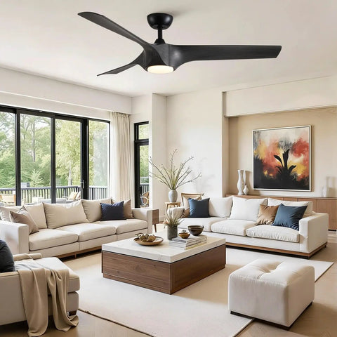 56" Farmhouse Reversible Ceiling Fan Light with Dark Gray ABS Blades installed in a modern living room setting.