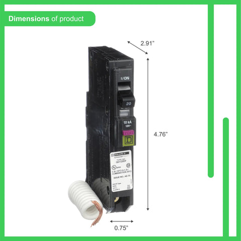 QO120DFC 20 Amp Single Pole Dual Function CAFCI And GFCI Circuit Breaker dimensions for QO Load Centers, 4.76 x 0.75 x 2.91 inches