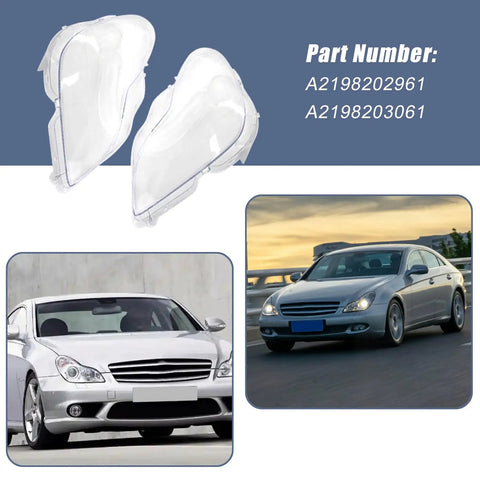 Mercedes Benz W219 CLS Headlight Covers Two Piece Front Left And Right Set With Crystal Clear Lens Shells to Restore Yellowed Oxidized Headlights Premium Replacement For Easy Install displayed above two images of a silver Mercedes-Benz W219 CLS on road.