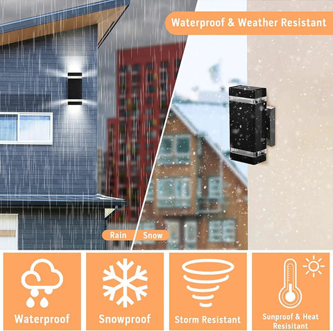 Alt Tag: 2 Pack Dusk To Dawn Outdoor Wall Lights Up And Down IP65 Waterproof Aluminum Exterior Fixtures in rain and snow