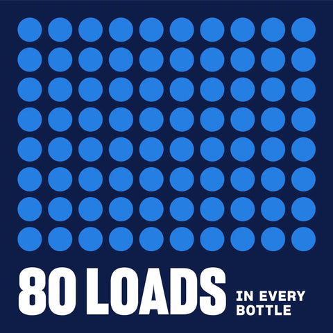 Graphic showing '80 Loads in Every Bottle' for Smells Like Clean Laundry HE Ultra Concentrated Liquid Detergent.