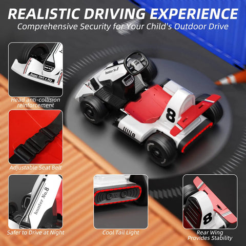 12V Battery Powered Kids Go Kart With Pedals, Dual Motor, Remote Control, Bluetooth FM Radio, white, features labeled
