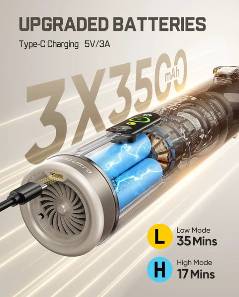 Slim V10 Ultra Cordless Car Vacuum battery showing 3x3500mAh capacity, USB Type-C port, and runtime details in high and low modes.