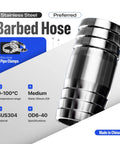 Close-up of stainless steel 3/4-inch hose barb fitting, 4-inch length, SUS304 sanitary splicer/union.