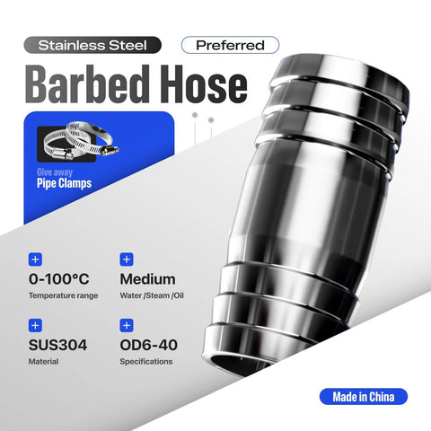 Close-up of stainless steel 3/4-inch hose barb fitting, 4-inch length, SUS304 sanitary splicer/union.