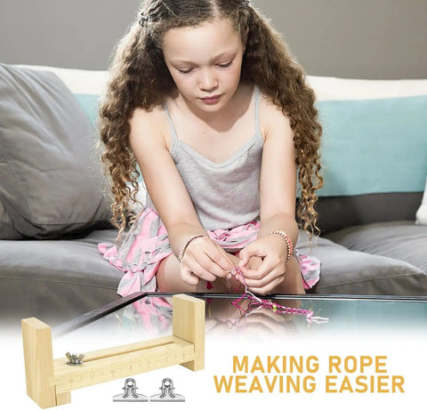 Girl using Dope Wood Bracelet Jig Kit For DIY Paracord Knitting And Bracelet Making with U Shape Clear Scale and Clamps.