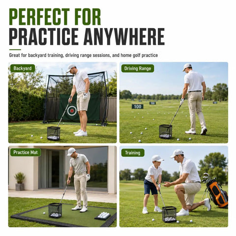 Golf Ball Picker Upper With Cleaning Towel being used in backyard, driving range, practice mat, and training scenarios