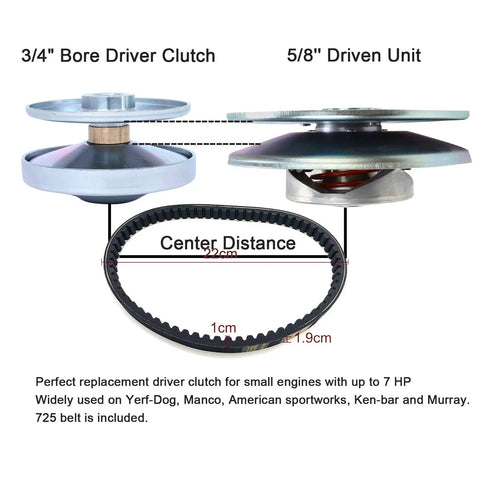 Beefed Up Three Quarter Inch Bore Go Kart CVT Torque Converter Kit With Six Inch Driven Pulley And Asymmetric Drive Includes Five Eighths Inch Driven Clutch Kit And Seven Twenty Five Belt For Go Karts And Mini Bikes showing driver clutch, driven unit, and belt