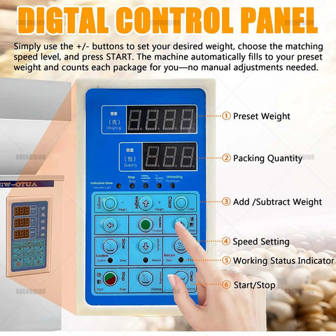 Digital control panel of Heavy Duty Automatic Granule Filling Machine With Dead On Digital Scale And Three Speed Controls for easy adjustment.