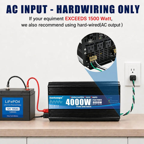 Heavy Duty 4000W Sump Pump Backup Battery System With Pure Sine Wave Output LCD Remote Control Four AC Outlets connected to battery.