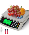 40Kg Commercial Digital Kitchen Scale With Tare Function, stainless steel platform with fruit, for deli bakery and meat use.