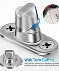 Marine twist-lock fastener with turn-button and eyelet screws on stainless base plate (front view).