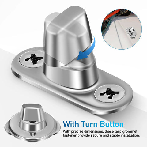 Marine twist-lock fastener with turn-button and eyelet screws on stainless base plate (front view).