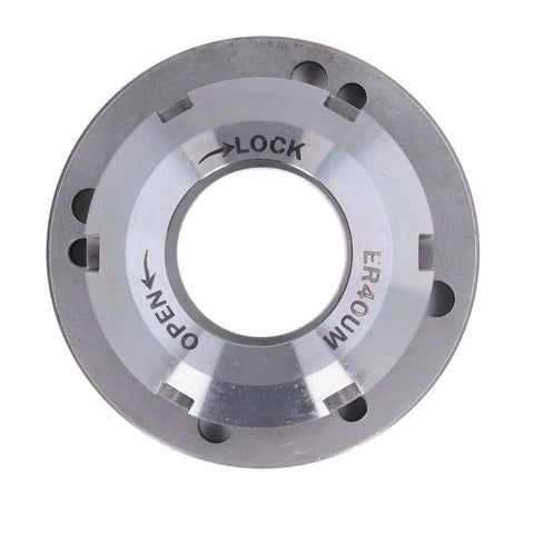 Heavy Duty Fabater Collet Chuck With 80mm ER40 Holder For Lathes and Milling Machines And CNC Engravers showing lock and open markings.