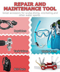 All In One Diving Tool For Scuba Gear, 8 In 1 Folding Stainless Steel Multi Tool with diving gear illustration