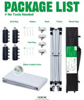 Package contents for 10x10 Pop Up Canopy Tent With One Push Instant Setup, includes frame, silver-coated cover, wheeled bag, sandbags, stakes, tent pegs, and rope.