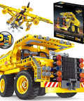 2 in 1 Truck And Airplane STEM Building Set, 361 Pcs DIY Construction Toys, showcasing yellow dump truck and airplane model.