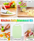 Kitchen Enlightenment Kit: kid-friendly plastic knives with cutting board, Y-peeler, crinkle cutter, fruit cutters