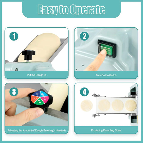 Automatic Commercial Dumpling Skin Maker Machine One Touch Operation Adjustable Thickness Knob Creates Authentic Handmade Texture A Real Game Changer For Busy Kitchens And Restaurants - step-by-step operation guide showing dough placement and control settings.